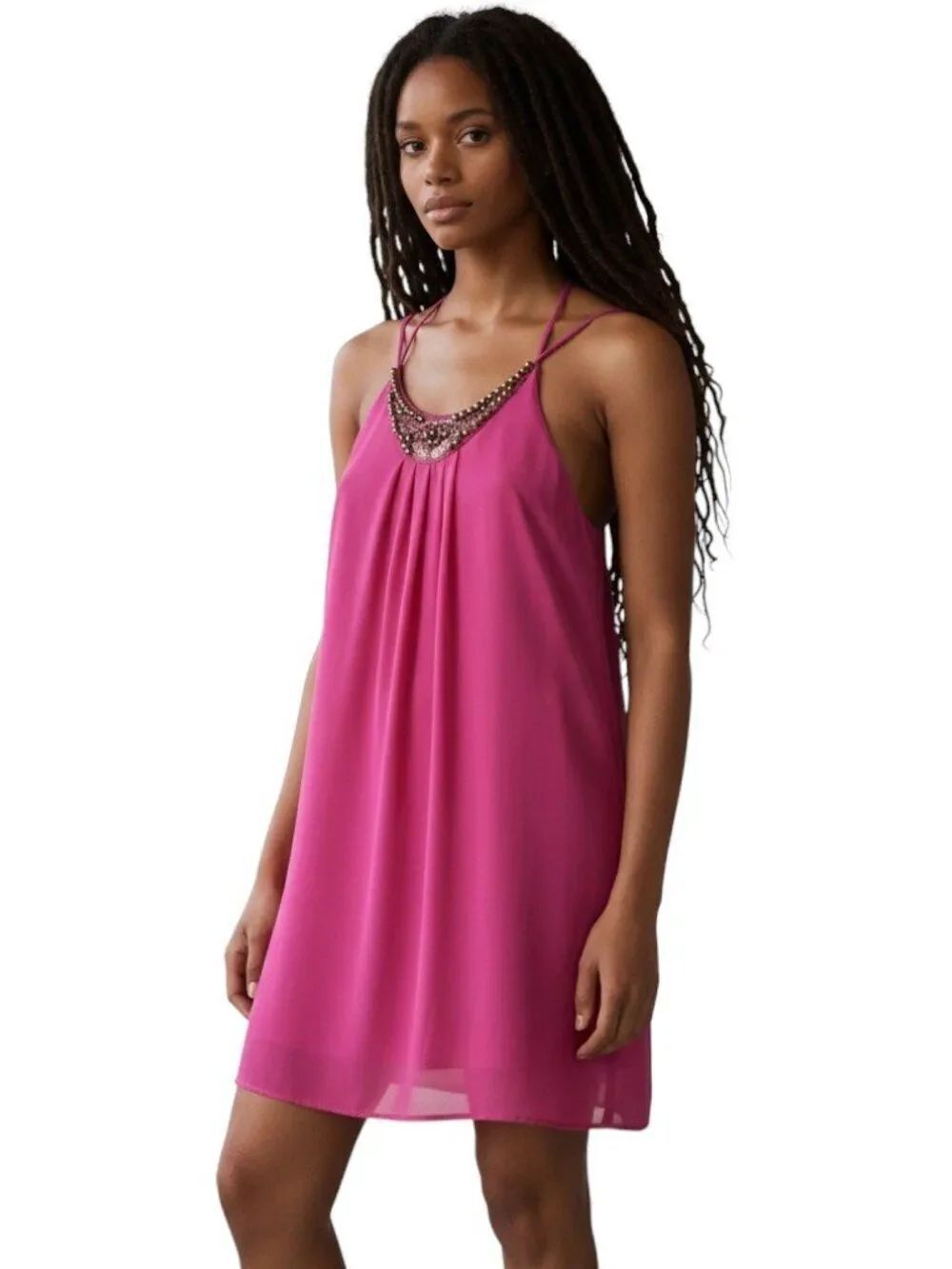 ASTR The Label Mini Shift Dress Beaded Sequin Trim Scallop Hem Pink Size M Boho